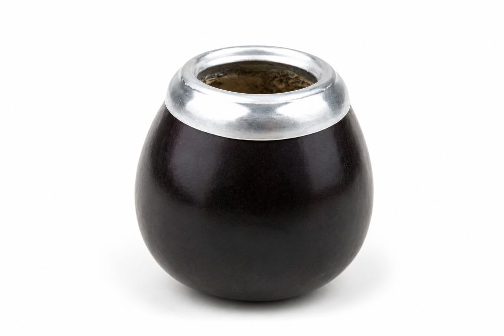 Kalebasse für Mate Tee aus Flaschenkürbis mit Metalrand - Naturfarbe